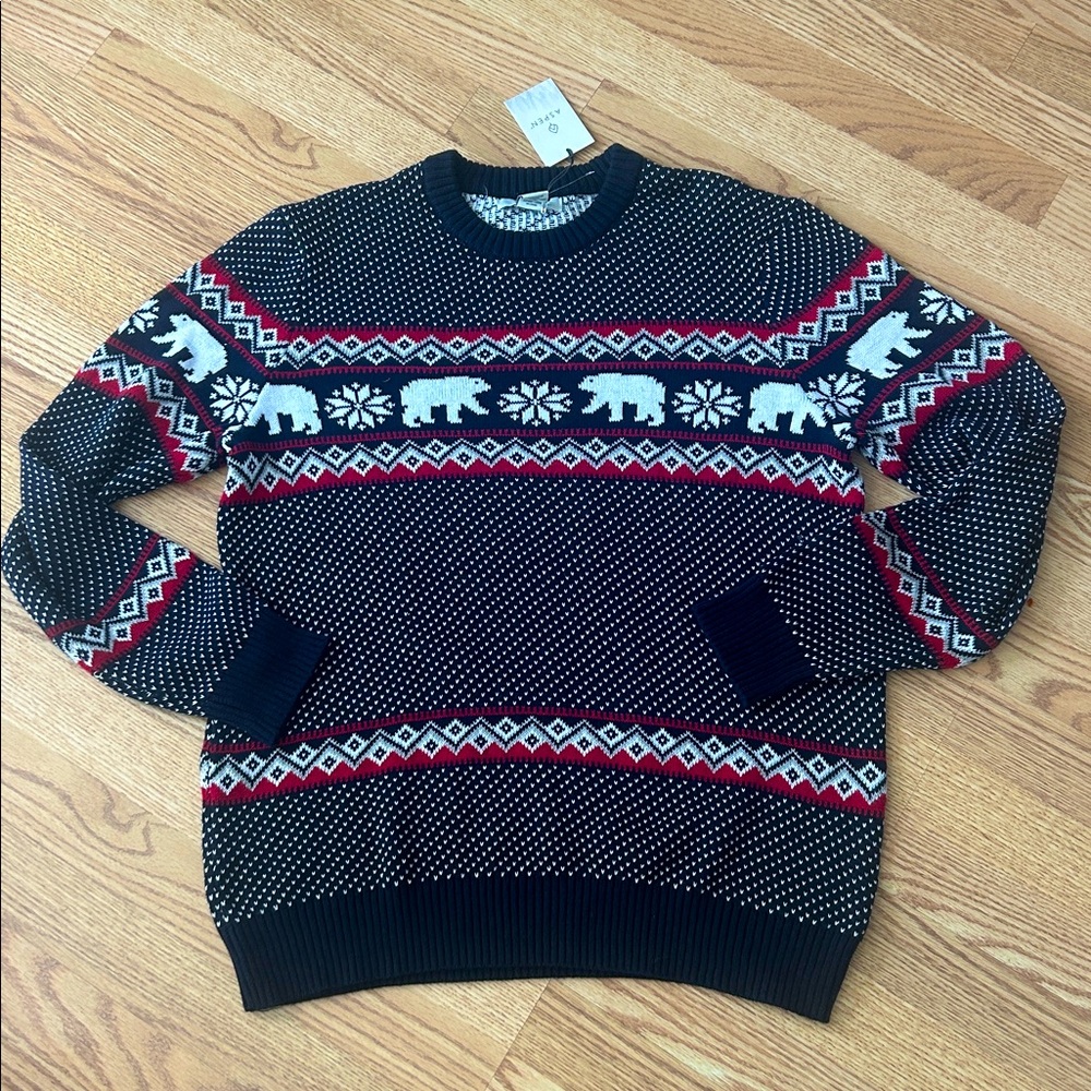 Men's Holiday Winter Fair Isle Sweater L Blue polar bear design